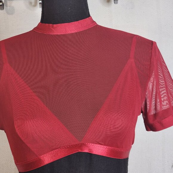 Avidlove Red Mesh Sheer High Neck SS Poly Span Crop Top with Built in Bra Size M - Picture 4 of 16